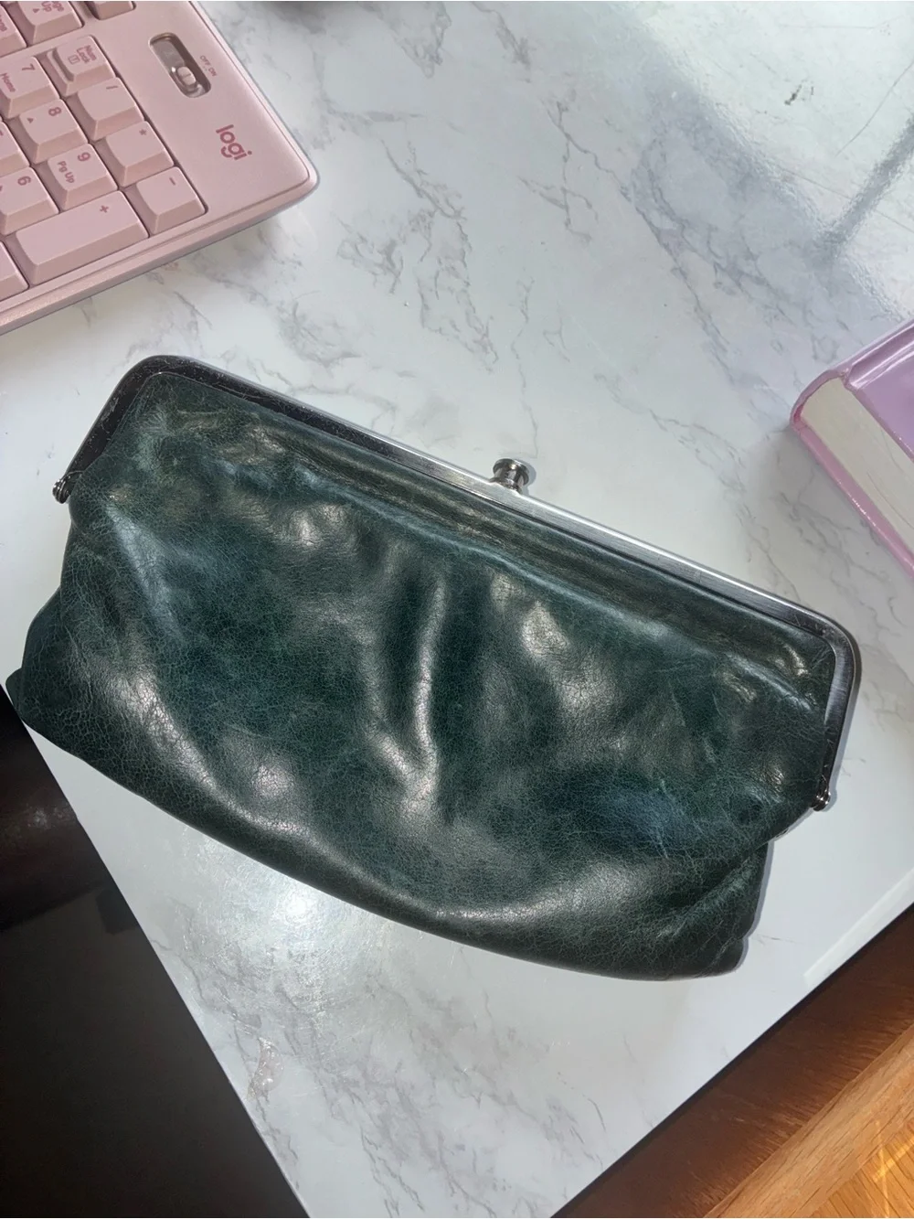 HOBO Lauren Dark Green Leather Double Frame Kiss Lock Clutch Wallet